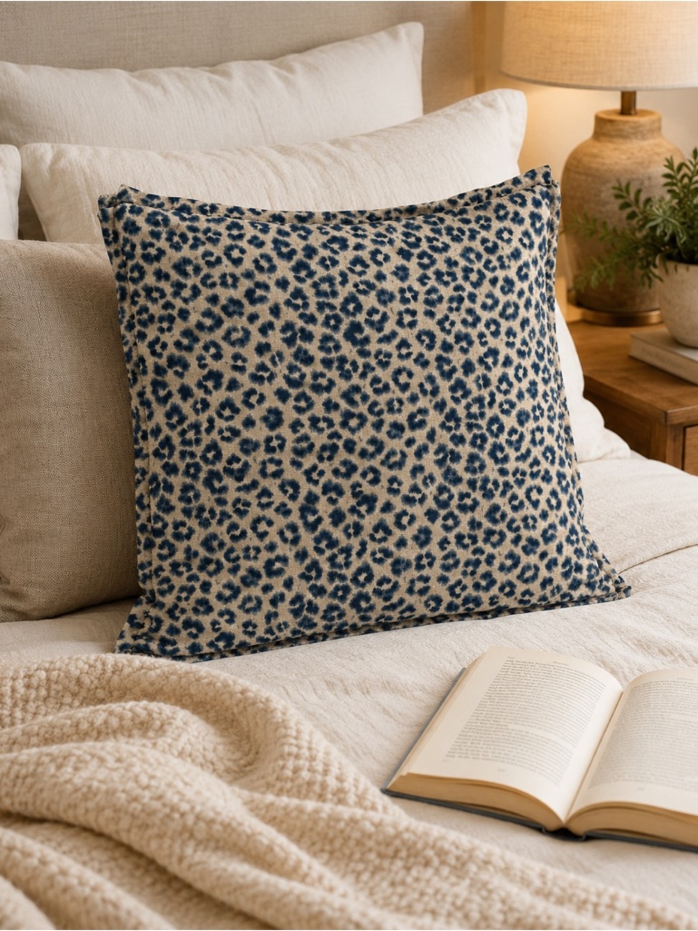 Navy Velvet & Linen Leopard Print Accent Pillow Cover | 22” Square Reversible